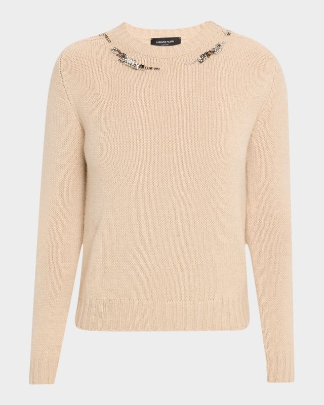 Crystal-Embellished Crewneck Knit Sweater